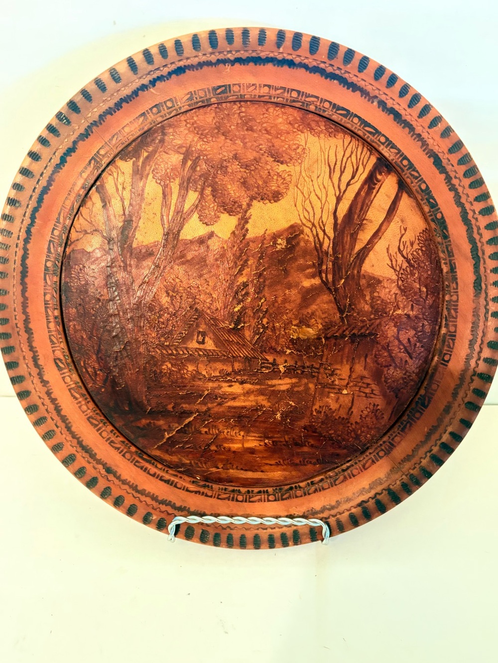 Vintage Pyrography on Leather Wall Plaque Landscape Cabin Scene on Wood Back